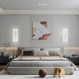 FDPBY Modern White Plug in Wall Sconce Set of Two 18W Indoor LED Simple Wall Fixture 6000K Rectangle Vanity Wall Lights for Living Room Bedroom Hallway Stairs…