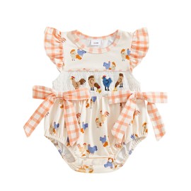 Newborn Baby Girl Romper Farm Chicken Onesie Outfit Ruffle Smocked Plaid Bodysuit Western Country Summer Clothes (Apricot, 3-6 Months)