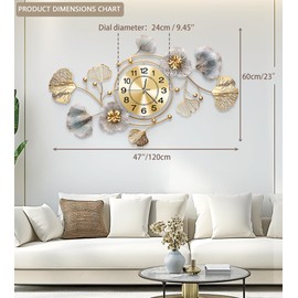 JXQXYN Clocks for Living Room, Large Wall Clock, 3D Silent Wall Clock, Retro Metal Ginkgo Leaf Design, for Bedroom Kitchen Decorative Wall Clocks（47''x23'' ）