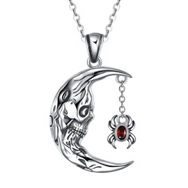 MONGAS Skull Necklace Sterling Silver Skull Moon Pendant Gothic Jewelry for Women