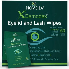 Noveha Best Demodex Eyelid & Lash Wipes Box Of 60 Individually Wrapped Extra Strength