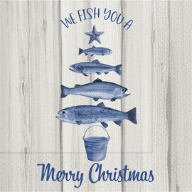 IHR Ideal Home Range Cocktail Napkins Disposable 3-Ply Paper Party Napkin Pack, 5" x 5", Fish Christmas Tree, 20-Count