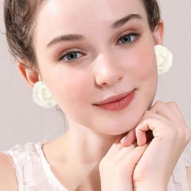 unixmoment Handmade Lightweight Fabric Rose Flower Floral Stud Earrings Lace Camellia Dangle Earrings For Women (White)
