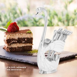 Coffee Dessert Spoon Set, Metal Coffee Spoon Holder Teaspoon Fruit Dessert Flatware Swan Base Holder with 6Pcs Ice Cream Spoons Teaspoons Coffee Dessert Flatware (Silver White)