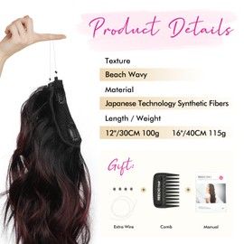 REECHO Invisible Wire Hair Extensions with Thinner Softer Lace Weft (Black to Burgundy Ombre, 12 Inch (Pack of 1))