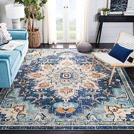 Safavieh Madison Collection MAD473M Boho Chic Medallion Distressed Area Rug, 6'7" x 6'7" Square, Blue / Light Blue