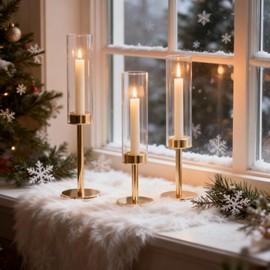 Gold Hurricane Candle Holders Set of 3, Tall Metal & Windproof Glass Taper Candle Holders, Outdoor/Indoor Table Centerpieces for Weddings, Christmas, Parties, Fireplace Decor