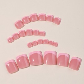 Pink French Tip Press on Toenails, Square Toe Nail Press ons, Short Toe Nail Tips Glossy Fake Toenails Summer False Toenails Seamless Fit Toe Nails Glue on Sweet Cool Press on Toenails for Women 24PCS