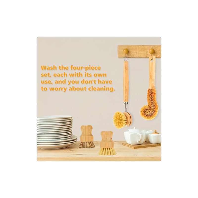 SAMEBUTECO Bamboo Dish Brushes Sets 4 Tools in One Kitchen
