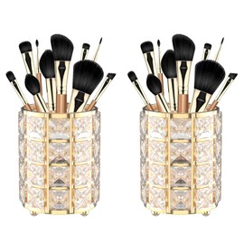 LUGUNU Makeup Brush Holder with Golden Crystal Bling – Elegant Vanity Organizer for Brushes, Pens & Pencils, Ideal for Bathroom or Office Countertop(2Pack)