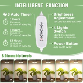 LORDEM Ceiling Grow Light for Indoor Plants, 192 LEDs Full Spectrum LED Plant Light, Plant Lamp with 3/6/12H Auto Switch, 4 Brightness Levels, Individual Bulb Control, Quad Head, Corded