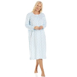 Camille Ladies Long Sleeved Nightdress - Polka Dot Smooth Womens Nightwear - Fleece Nightie with Round Neck Button Fastening Blue 22-24