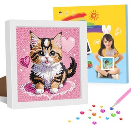 Cat Diamond Art Kits for Kids with Frame, 5D Diamond Painting Kits for Kids Adults Beginner, DIY Full Round Drill Diamond Gem Art Mosaic Kits, DIY Painting Arts Crafts for Kids Gift 7x7inch