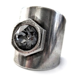 Mens Hex Nut Hardware Ring with Black Crystal, Adjustable Cuff Ring Band