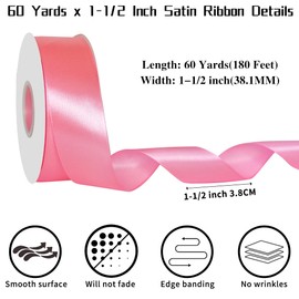 60 Yards x 1-1/2 Inch Pink Ribbon: Pink Satin Ribbon for Gift Wrapping Wedding & Mother's Day Flower Bouquet Packaging, Bows Making, Crafts, Floral, Hair Accessories and Invitation Decorations