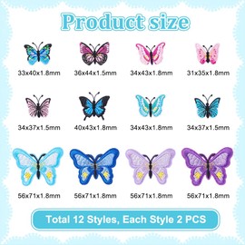 AHANDMAKER 24Pcs Butterfly Patches Applique, 12 Styles Butterfly Embroidery Appliques Sew on Patches, Butterfly Iron On Patch Butterfly Applique for Clothing Dress Shirt Pants Jackets Hats Backpacks
