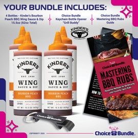 Kinder’s Bourbon Peach BBQ Wing Sauce & Dip 4 Pk (62 oz) Great to Dip Toss Glaze & More + Barbecue Masters & Bottle Opener (6 Items)!