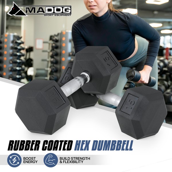 MADOG 2 Pcs 15LBs Rubber Coated Hex Dumbbell Fitness &
