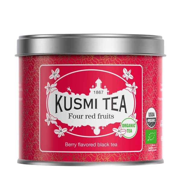 Kusmi Tea - Four Organic Red Fruits - Black Tea with Red Fruit Flavour - Metal Tea Box 100g - Approximately 40 Cups