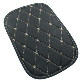 Unlorspy Car Center Console Cover,Universal Leather Armrest Pad Cover,Non Slip Car Decor Accessories for Most Car SUV, Truck, and Vehicle (Black with Beige Line Trim)