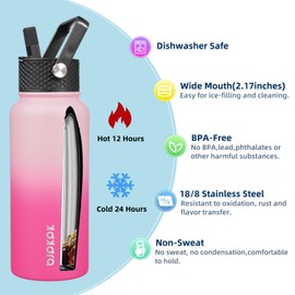 BJPKPK 2 Pack Insulated Water Bottles with Straw Lids, 32oz Stainless Steel Metal Water Bottle with 6 Lids, Leak Proof BPA Free Thermos, Cups, Flasks for Travel, Sports (Cherry+Black)