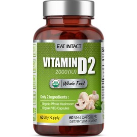 Vegan Whole Food Vitamin D, 2000 IU (50 mcg), D2, Two Ingredients (Organic Whole Mushroom and Organic Vegan Capsule), Non-GMO, Third Party Tested, 60 Day Supply