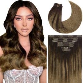 Caliee Clip-in Hair Extensions - Real Human Hair, Soft Seamless PU Skin Weft, 7pcs 110g 16Inch, Dark Brown & Mixed Chestnut Brown