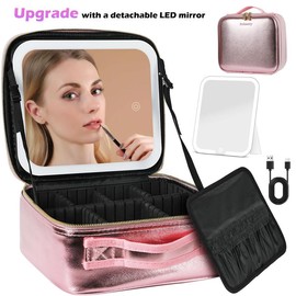Behaesty Portable Makeup Bag with 3-Color LED Detachable Mirror 2000mAh USB Rechargeable Waterproof PU Leather Organizer Compact Travel Cosmetic Pouch:_Rose Gold 