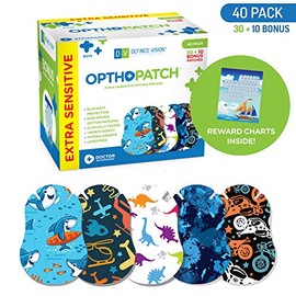 Opthopatch Parches para Ojos para niños - Diseño divertido [Serie II] - 30 + 10 vendajes adhesivos de algodón hipoalergénicos sin látex para Ambliopía y Estrabismo - 1 tabla de recompensas de Defined Vision