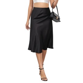 Mist Azur Womens Satin High Waisted Silky A-line Wedding Elegant Elastic Midi Skirt MA7302 (Black, M)
