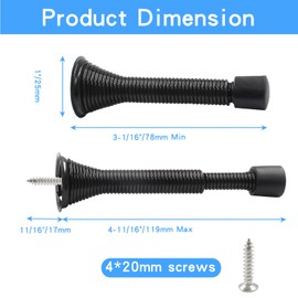 Luomorgo 2 Pcs Spring Door Stopper, Flexible Door Stop Adjustable 3-1/16" to 4-11/16", Wall Door Stoppers for Bottom of Door, Black Door Stop with Rubber Bumper Tip