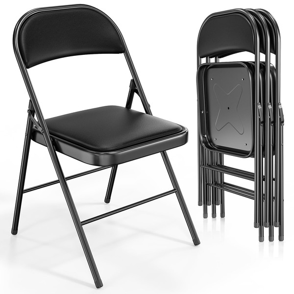 VINGLI Folding Chairs with Padded Seats, Metal Frame with Pu Leather Seat & Back, Capacity 350 lbs, Black, Set of 4