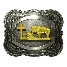 Moranse Religion Cross Cowboy Kneeling Prayer And Horse Design Belt Buckles, Silver Great Praying Cowboys, middle