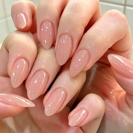 Uñas postizas acrílicas brillantes de cobertura total en color rosa nude, forma almendrada mediana, reutilizables, minimalistas, para pegar, para muje