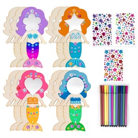12 Stück Kindergeburtstag Basteln, Holzspiegel zum Bemalen mit 12 Malstifte und 3 Strass Aufkleber für DIY Kinder Malen Smooth Edged Creative Painted Mirrors für Mädchen Bastelset Party-Mitgebsel