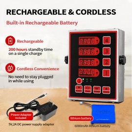 HUOYANSHE Commercial Kitchen Timer, 4-Channel Rechargeable Digital LED Stainless Steel Countdown Timer, Up to 200 Hours Runtime, Loud Alarm, for Restaurants, Bakeries & Cafes