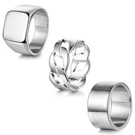 YOVORO 3Pcs Stainless Steel Signet Rings Chunky Wide Band Ring for Men Women Cuban Link Chain Rings Fashion Matte Finish Plain Ring Comfort Fit Size 9 Silver