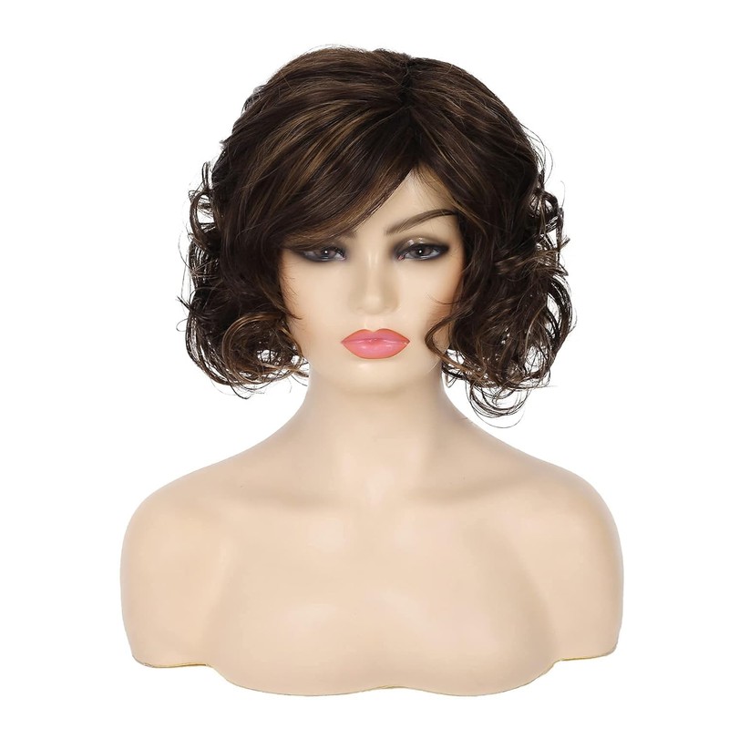 Qnbiar Short Curly Fluffy Wig Brown Layered Messy Shaggy Synthetic