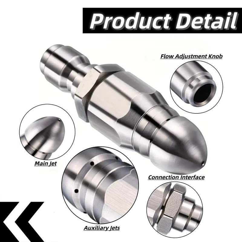 Pressure Washer Sewer Jetter Nozzle - Stainless Steel Drain Cleaning