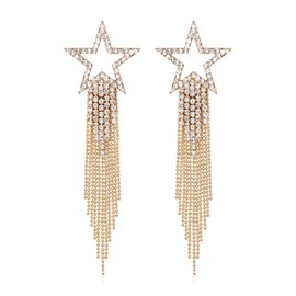 EVER FAITH Star Long Tassel Clip-on Earrings for Women, Rhinestone Crystal Waterfall Beaded Fringe Wedding Bride Dangle Earring Hypoallergenic Safe Jewelry for Sensitive Ears Clear Gold-Tone