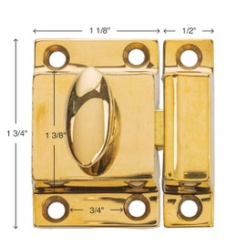 Small Heavy Duty Solid Brass Cabinet Door Latch - 1-3/4" × 1-3/4" - Spring Loaded Cupboard Door Latch with Oval Turn - Vintage Cabinet Hardware | UA-101-LPB