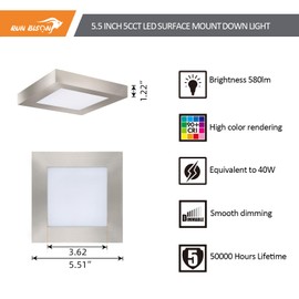 5.5 Inch LED Flush Mount Square Ceiling Light, Equivalent to 40W 2700K/3000K/3500K/4000K/5000K CCT Selectable , CRI 90+,Dimmable Round LED Panel Light, Damp Rated, ETL, Brush Nickel Finish -5PK
