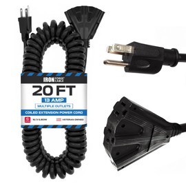 Iron Forge Cable SJEOW 3 Outlet Black Outdoor Coiled Extension Cord 20 ft 3 Way, 16/3, 13 Amp Oil Resistant & Flame Retardant 3 Prong Coiled Wire for Outdoor & Indoor