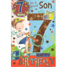 Son 7th Birthday Card - ' for A Special Son You are 7 Today" Badged Card. Free 20% Discount Voucher Included.