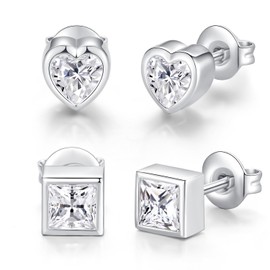 Yulovee 2 Pairs White Gold Plated Heart Crystal Stud Earrings Women Square Earrings Set for men-Silver Tone.
