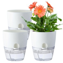 Oliz 6 Inch Self Watering Plastic Plant Pots for Indoor Plants - 3 Pack White Orchid Planters with Wick Ropes & Drainage Holes, Modern Decorative Garden Pots with Water Reservoir