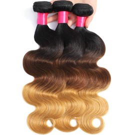 Misoun Hair 3 Bundles Body Wave Hair Ombre Human Hair Bundles 3 Tone, Three Bundles 20 22 24inch Body Wave Hair Ombre Weaves Extensions(T1B/4/27, 20 22 24)
