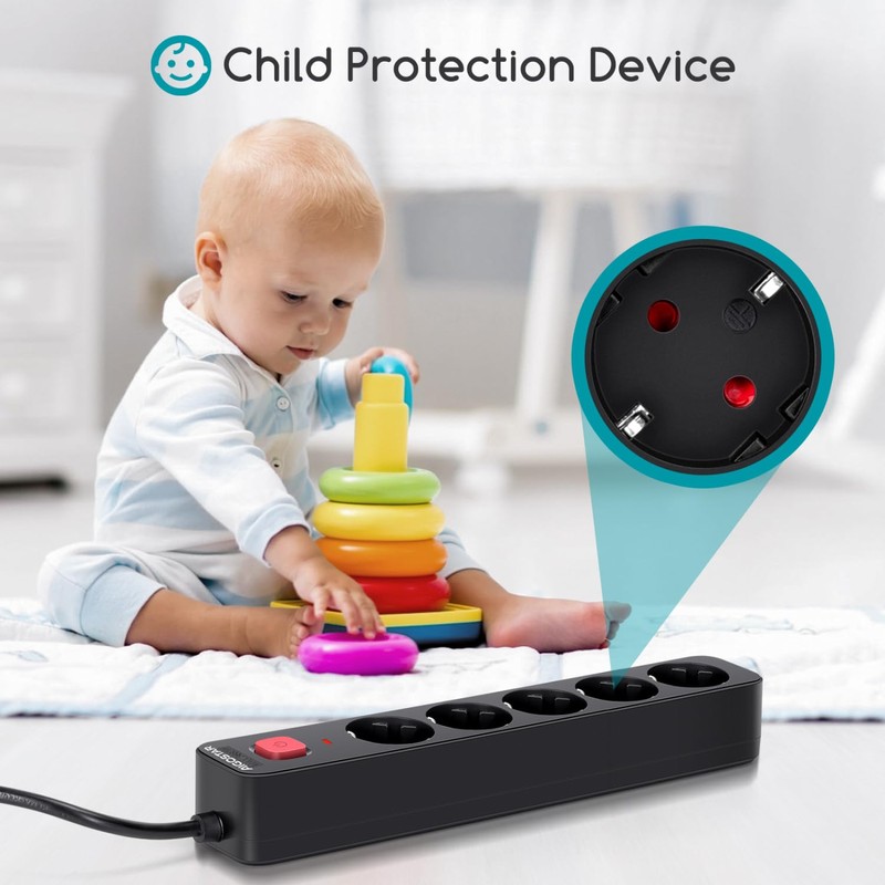 Aigostar 5-Way Power Strip with Switch, Multiple Socket with Child