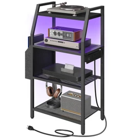 MAHANCRIS Game Console Shelf, Gaming Console Stand with Outlet & LED Lights