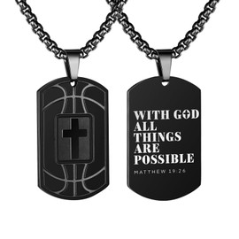 RUOOUY Basketball Cross Dog Tag Necklace for Men Boys Inspirational Bible Verse Pendant Stainless Steel Chain 22+2 inch Basketball Sports Jewelry Religious Gift for Son（With God-Black）